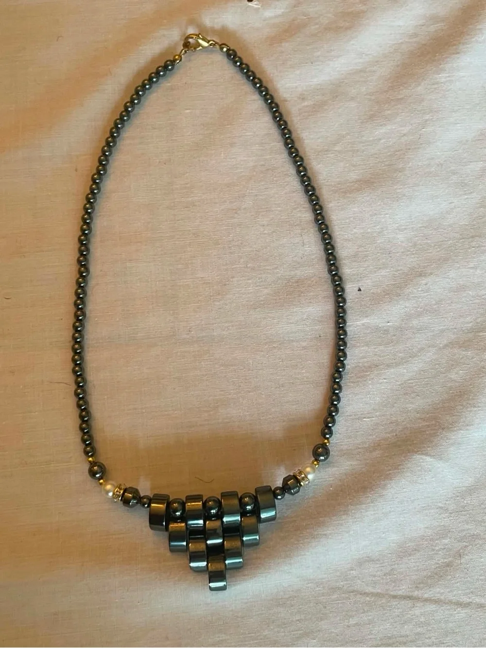 Source Unknown Hematite Bead Necklace with Geometric Pendant - Black
